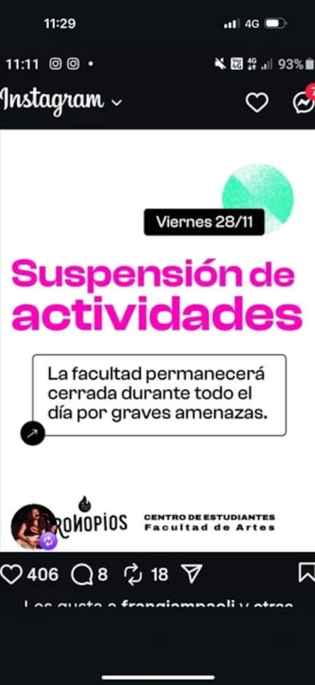 Suspensión de las clases en la Universidad de La Plata por amenaza.