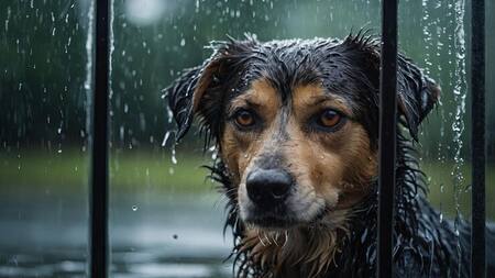 Perro bajo la lluvia.