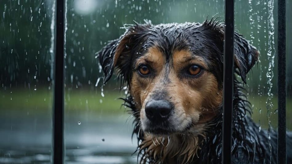 Perro bajo la lluvia.
