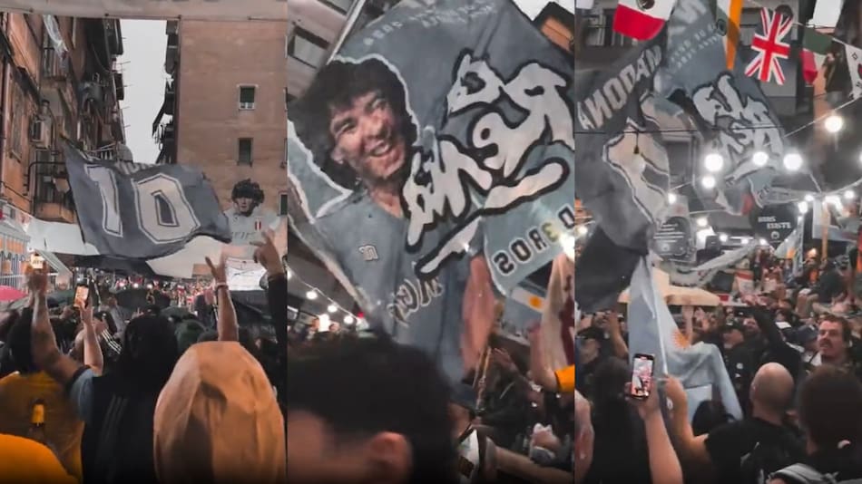 Banderazo de fanáticos de La Renga en el santuario de Diego Maradona en Nápoles. Foto: Captura.