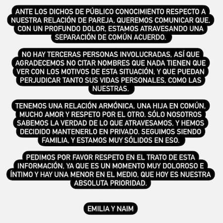 El comunicado de la separación entre Emilia Attias y Turco Naím. Foto: X.