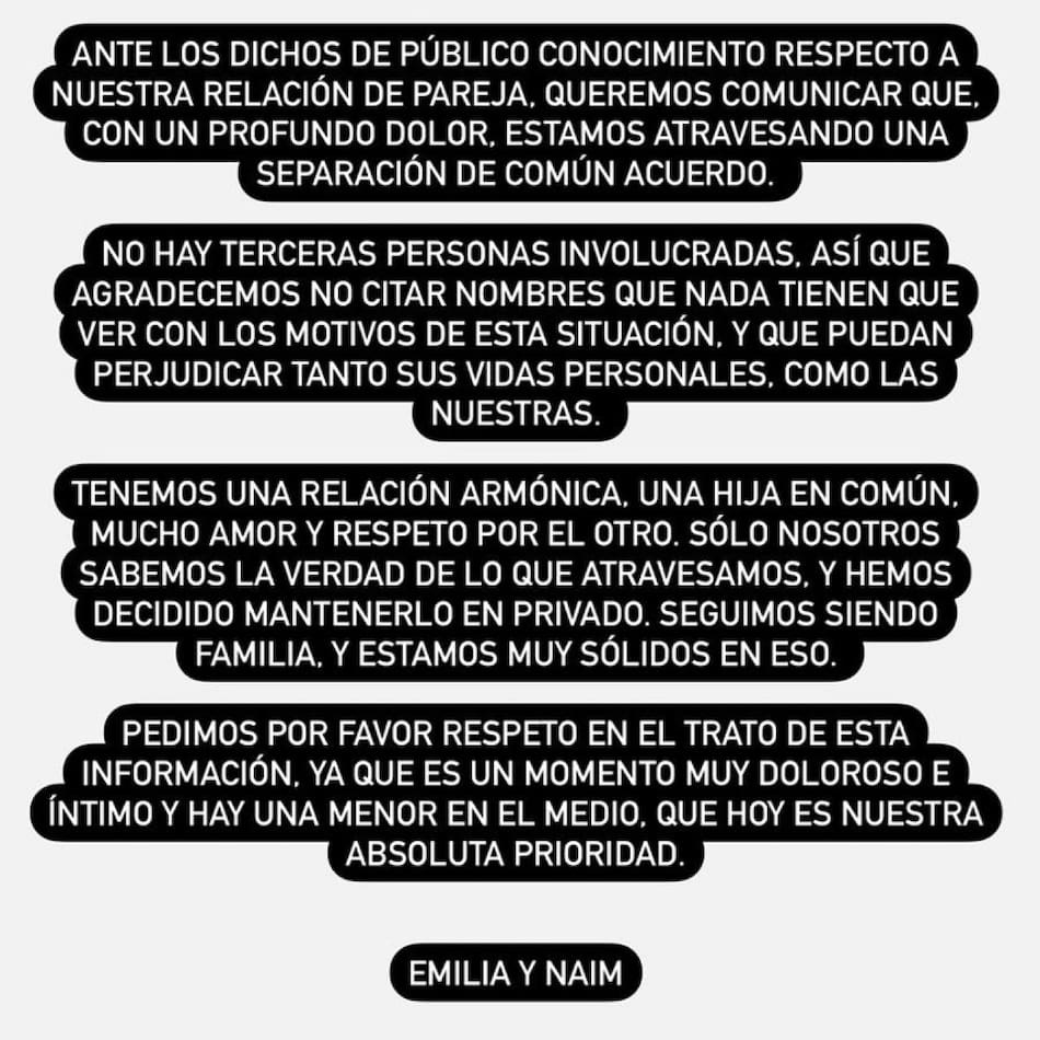 El comunicado de la separación entre Emilia Attias y Turco Naím. Foto: X.