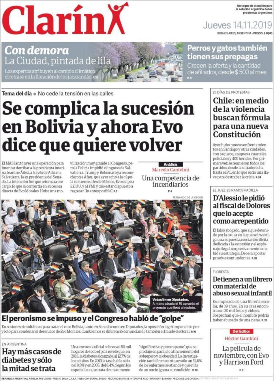 Tapas de diarios, Clarín jueves 14-11-19