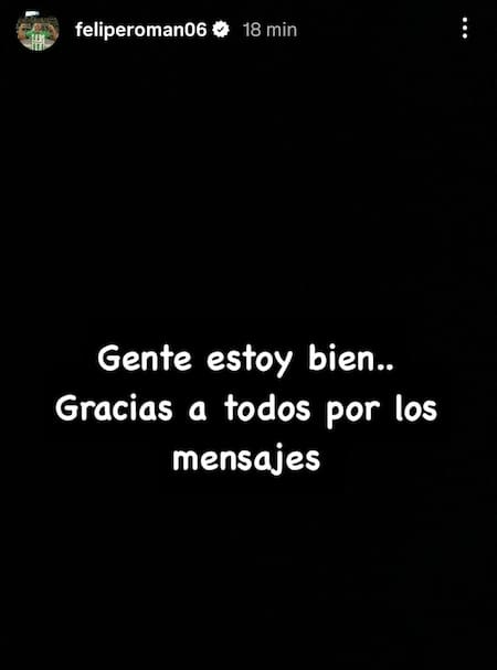 El mensaje de Felipe Román tras descompensarse en el campo de juego. Foto: Instagram.