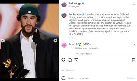 El agradecimiento de Bad Bunny. Foto: Instagram.