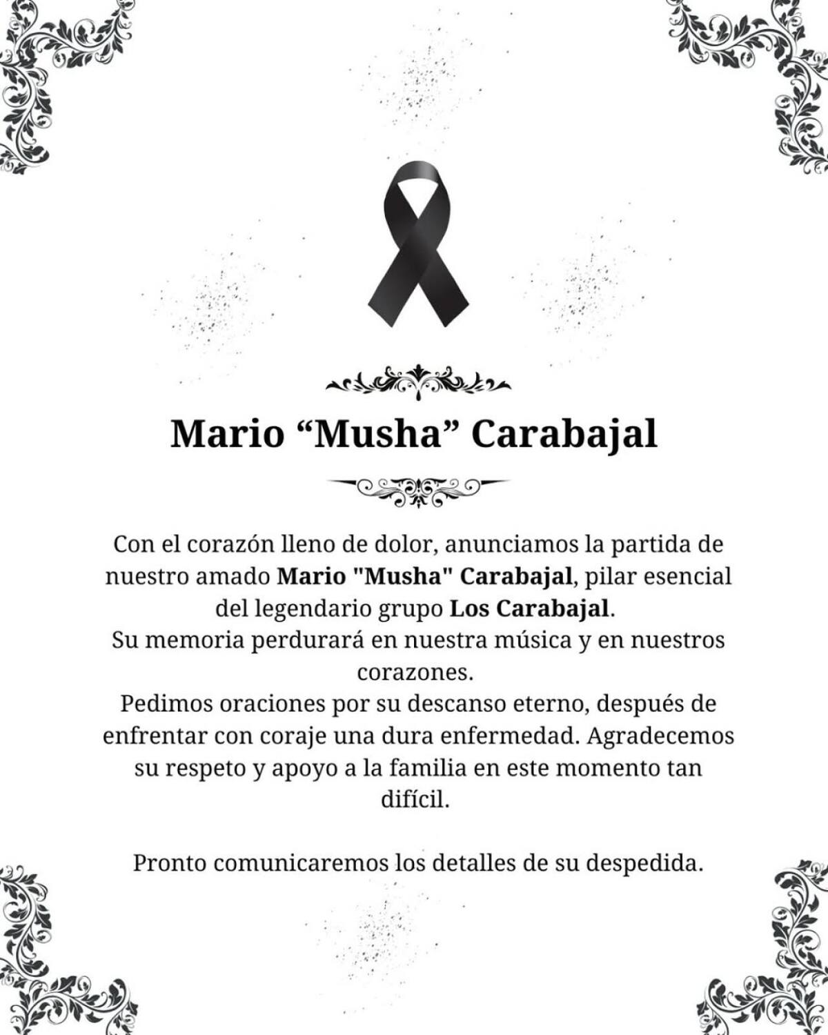 Murió Mario “Musha” Carabajal. Foto: Instagram @loscarabajaloficial