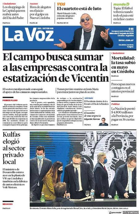 Tapas de diarios, La Voz del Interior, miércoles 17 de junio de 2020