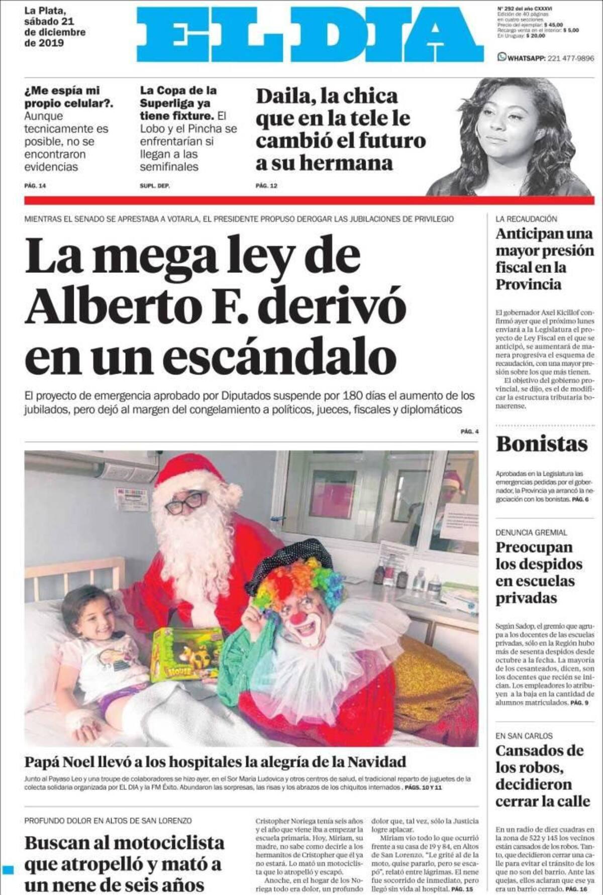 Tapas de diarios,El Día, sábado 21 de diciembre de 2019