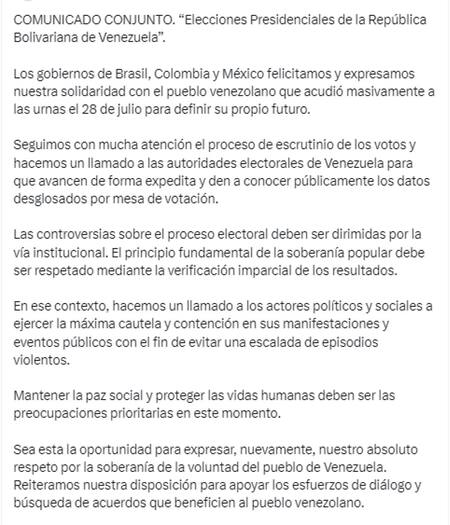 El comunicado en conjunto de Brasil, Colombia y México sobre las elecciones en Venezuela. Foto: Twitter.