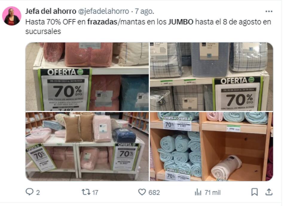 Descuentos imperdibles en acolchados y frazadas. Foto X @jefadelahorro.