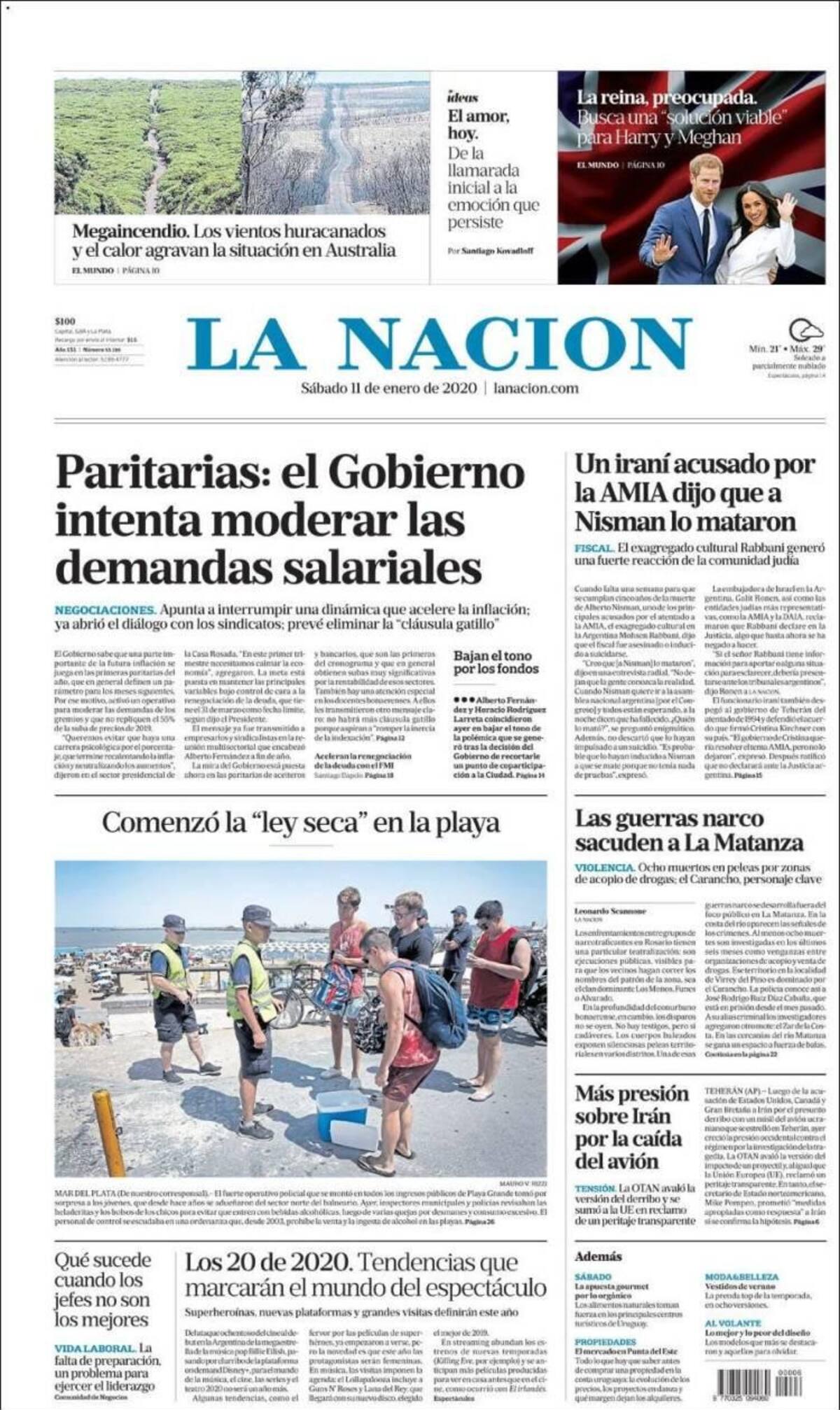Tapas de diarios, La Nación, sábado 11 de enero de 2020