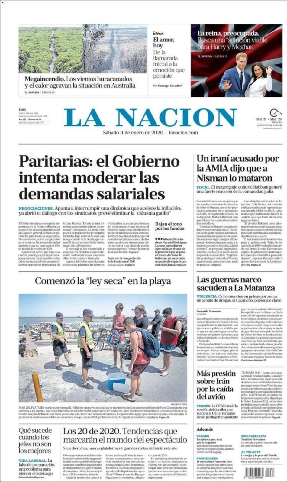 Tapas de diarios, La Nación, sábado 11 de enero de 2020