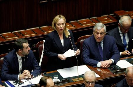 Matteo Salvini, Giorgia Meloni y Antonio Tajani en el Parlamento italiano. Foto: REUTERS.