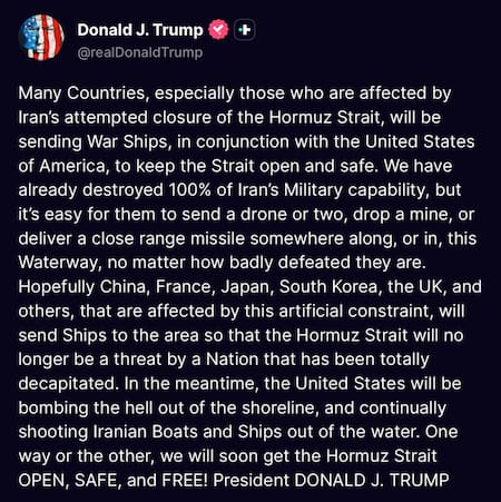 Mensaje de Trump para potencias mundiales sobre el estrecho de Ormuz.