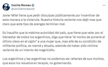 Publicación de Cecilia Moreau sobre Javier Milei. Foto: X / @ceciliamoreauok