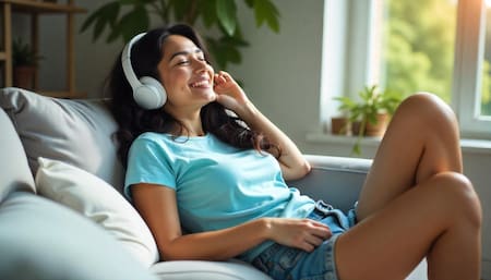 Música, feliz, persona escuchando música, descanso. Foto: Freepik AI.