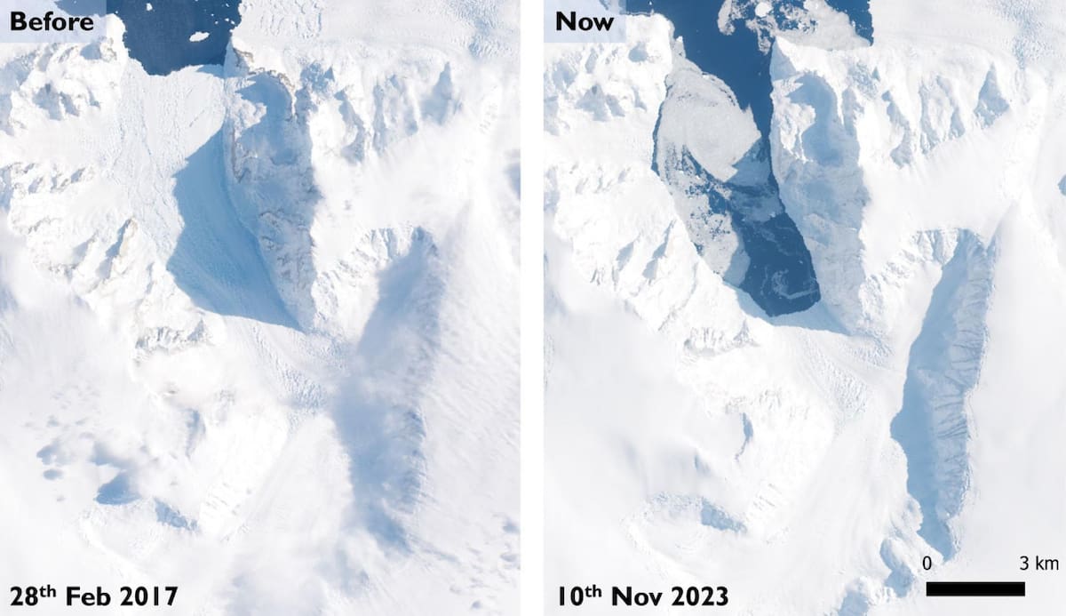 El glaciar Cadman antes y después del colapso de la plataforma de hielo. Foto: EFE