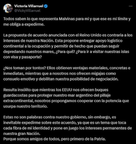 El tuit de Victoria Villarruel sobre la soberanía de las Islas Malvinas.