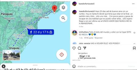 Un hincha de Boca viaja a pie para ver la final de la Libertadores. Foto: captura de pantalla.