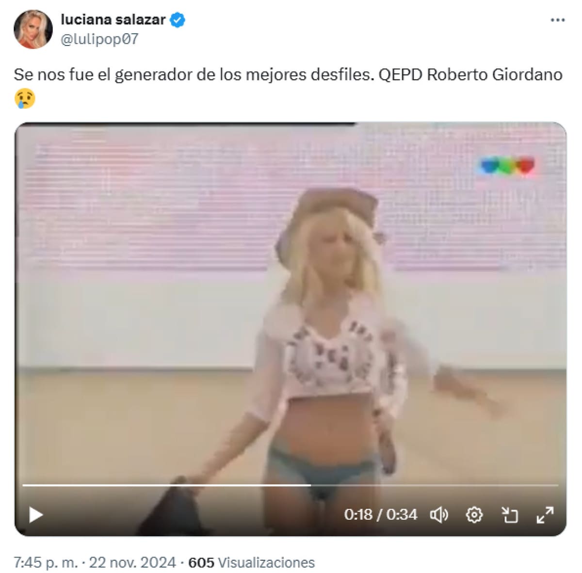 Reacción de Luciana Salazar tras conocerse el fallecimiento de Roberto Giordano. Foto: X.
