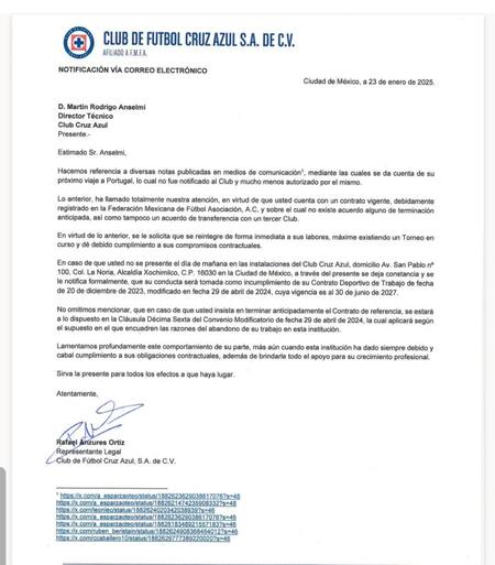 Comunicado del Cruz Azul sobre la situación de Martín Anselmi. Foto: @medranoazteca