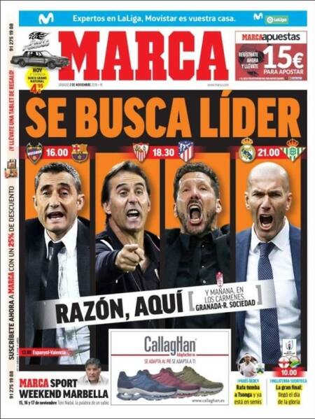 Tapas de diarios, Marca, sábado 02-11-19