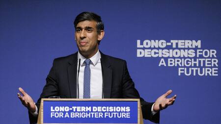 El primer Ministro británico Rishi Sunak durante su discurso sobre Inteligencia Artificial (IA). Foto: EFE.