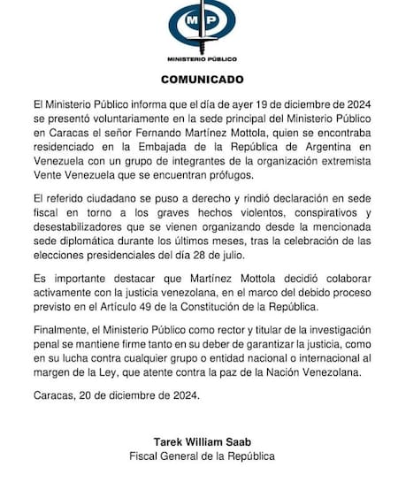 El comunicado del MP sobre Fernando Martínez Mottola. Foto: Instagram @mpublicove