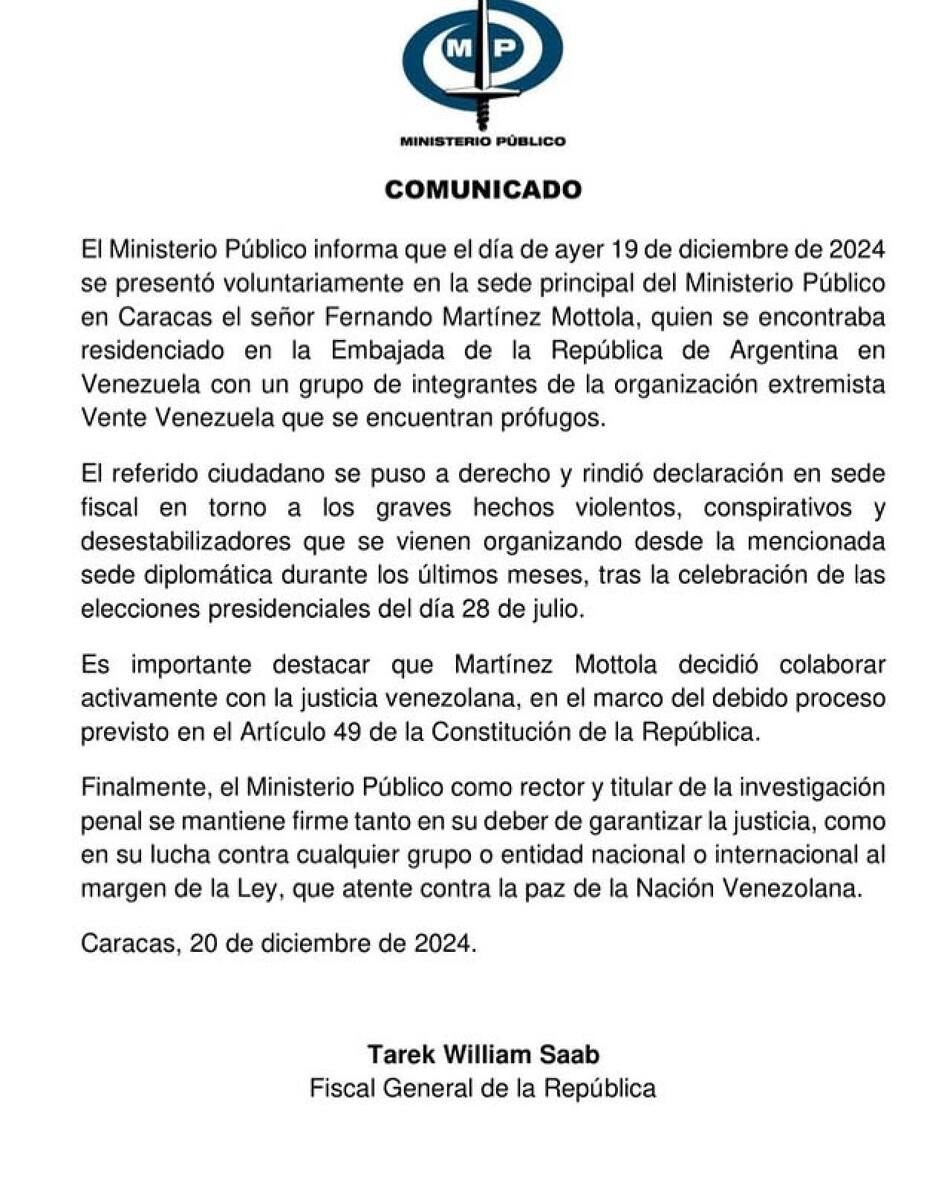 El comunicado del MP sobre Fernando Martínez Mottola. Foto: Instagram @mpublicove