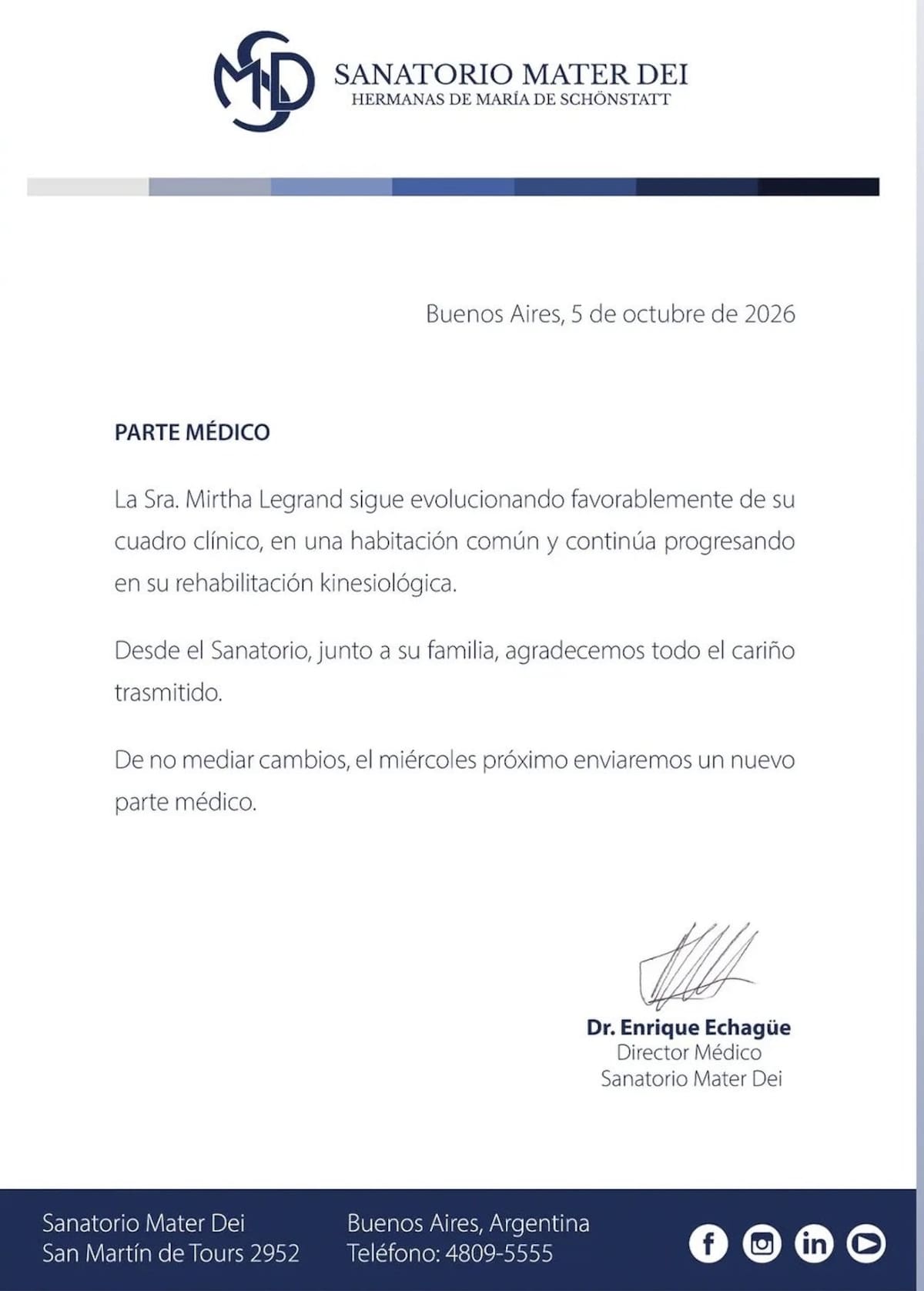 Parte médico de Mirtha Legrand este lunes 5 de octubre.