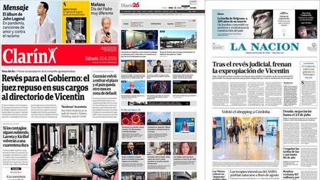 Tapas de diarios argentinos, sábado 20 de junio de 2020