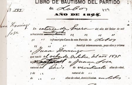 Acta de bautismo de Perón en Lobos