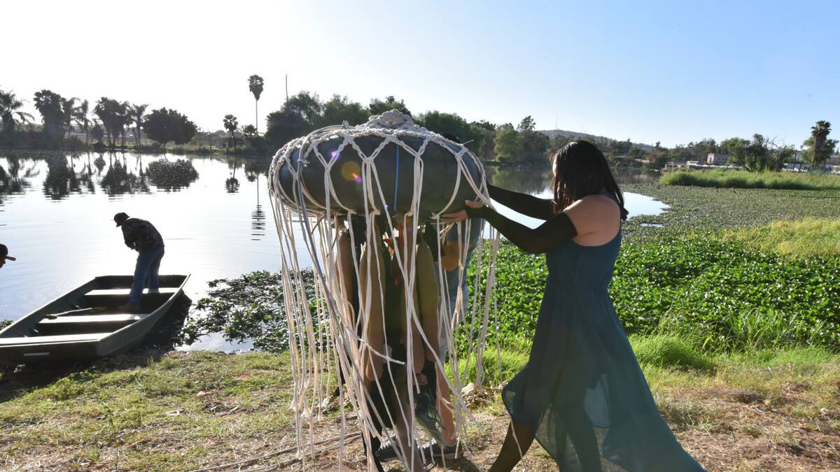 Activistas mexicanas crean una "medusa" con cabello humano. Foto: EFE