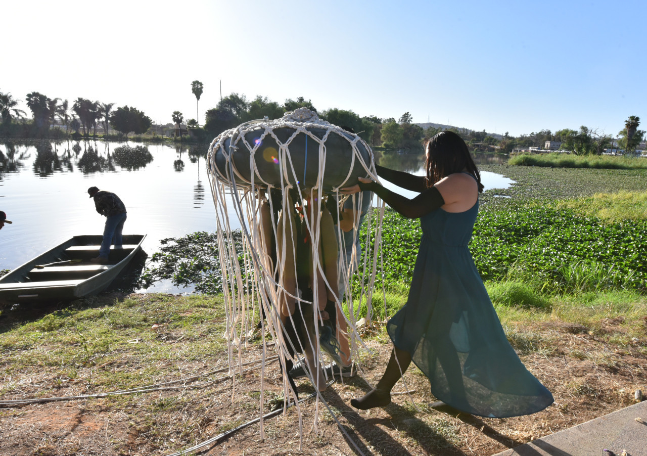 Activistas mexicanas crean una "medusa" con cabello humano. Foto: EFE