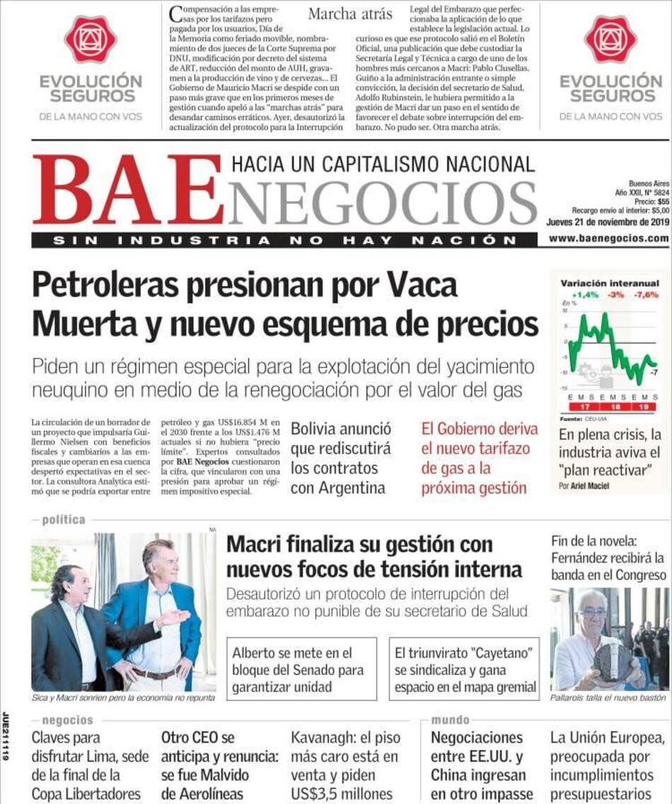 Tapas de diarios, BAE, Jueves 21-11-19