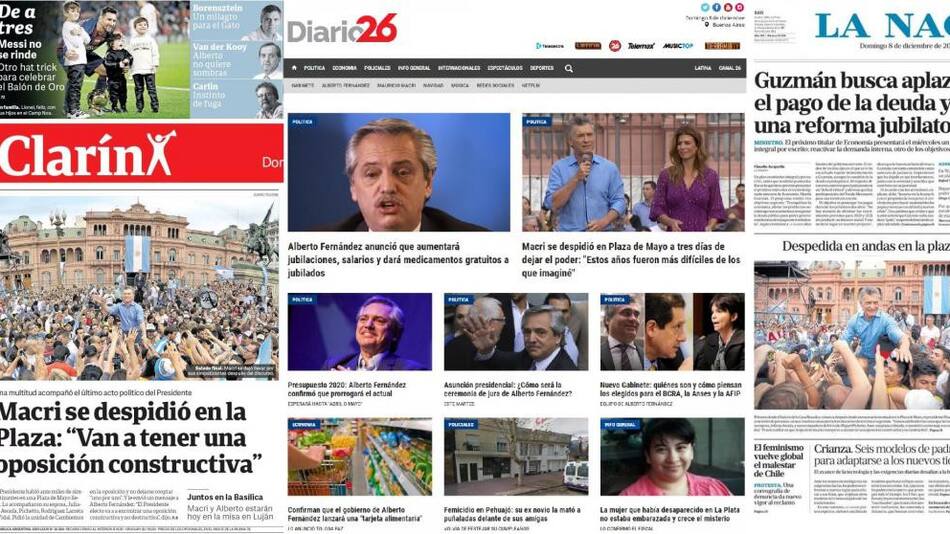 Tapas de diarios argentinos, domingo 8 de diciembre de 2019