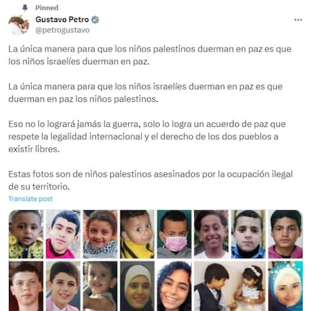 Tuit de Gustavo Petro por Medio Oriente. Foto: captura.