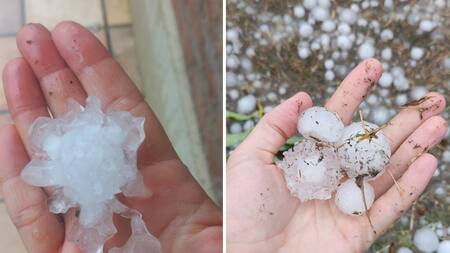 Los granizos que cayeron en Bahía Blanca. Foto: X @proudmabel - @ValenMaier