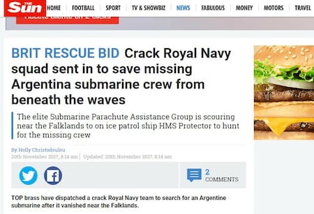 Búsqueda del ARA San Juan en portada de medios del mundo