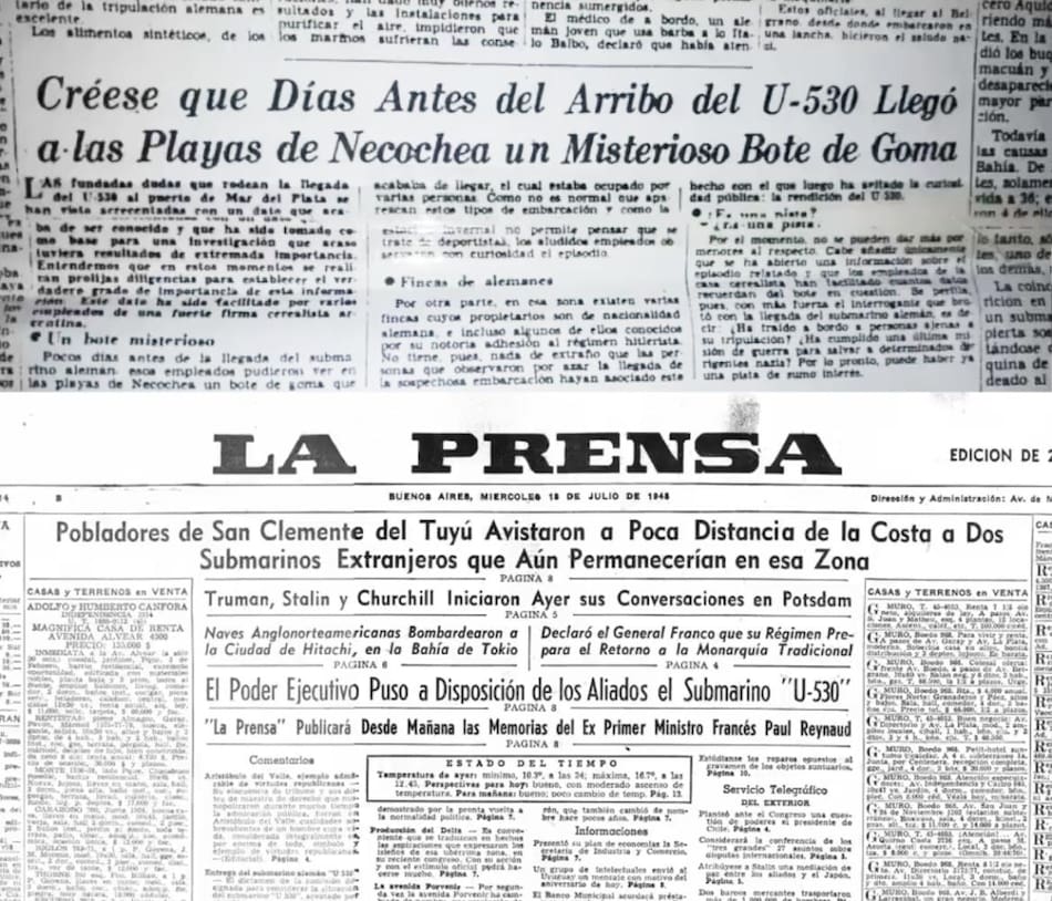 Submarino nazi en Necochea, diarios de 1945