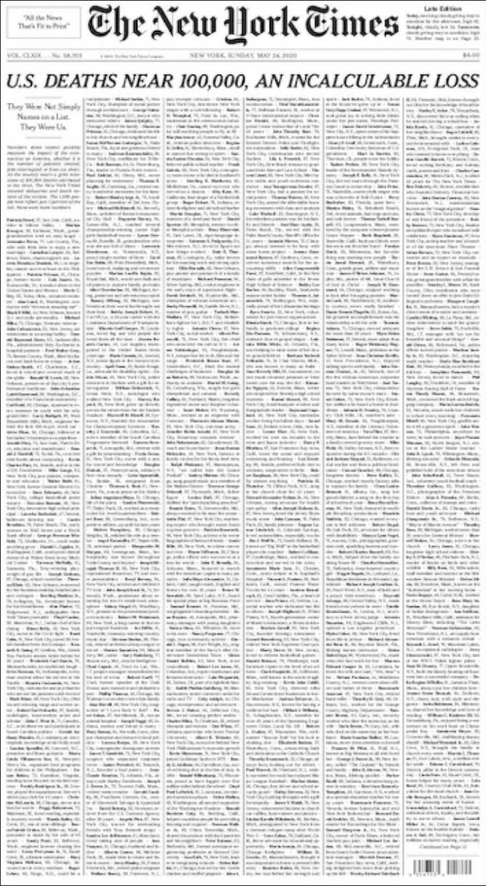 Tapas de diarios, The New York Times, domingo 24 de mayo de 2020