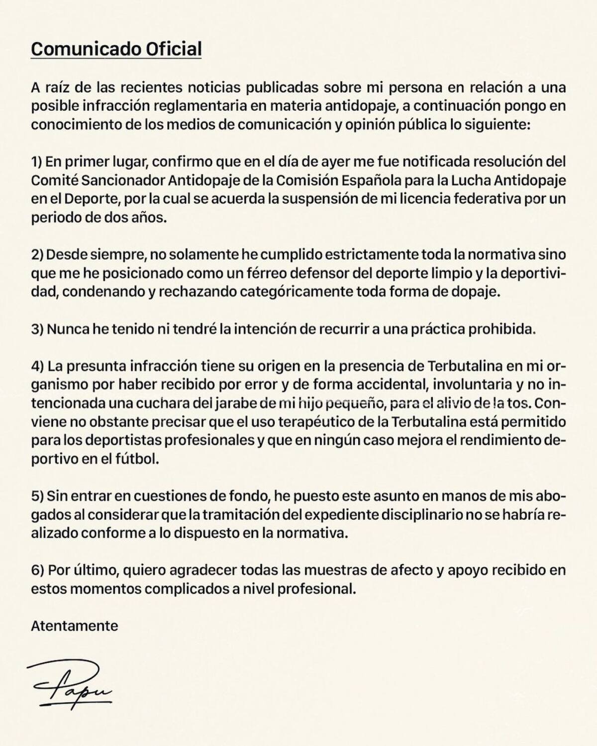 El comunicado oficial de Alejandro "Papu" Gómez. Foto: Instagram @papugomez_official.