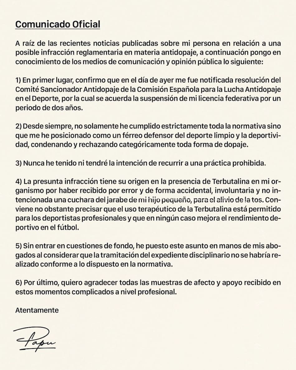 El comunicado oficial de Alejandro "Papu" Gómez. Foto: Instagram @papugomez_official.