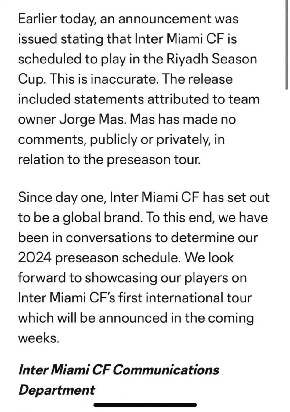 Comunicado de Inter Miami sobre el amistoso con el Al Nassr. Foto: @InterMiami.