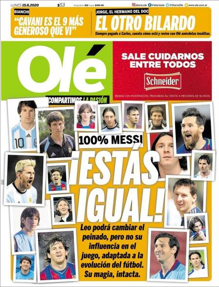 Tapas de diarios, Olé, lunes 15 de junio de 2020