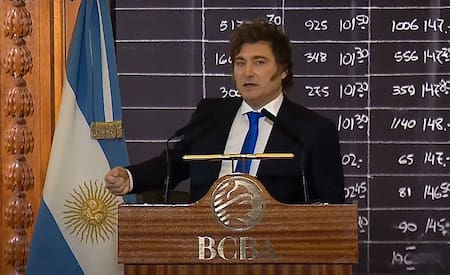 Javier Milei en la Bolsa de Comercio.