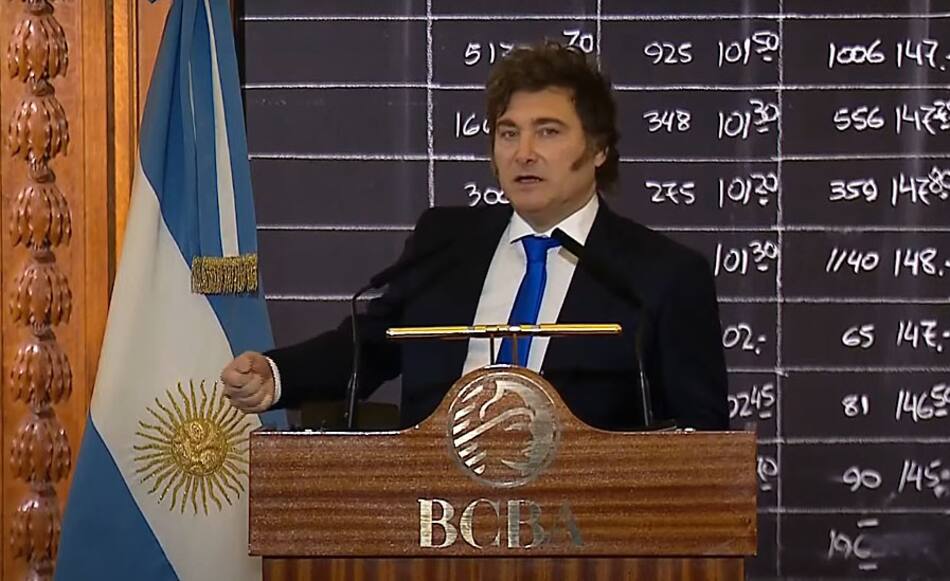 Javier Milei en la Bolsa de Comercio.