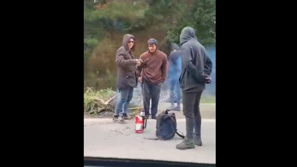 Presencia de mapuches en la ruta ante la mirada de la Policía. Foto: Captura de video.