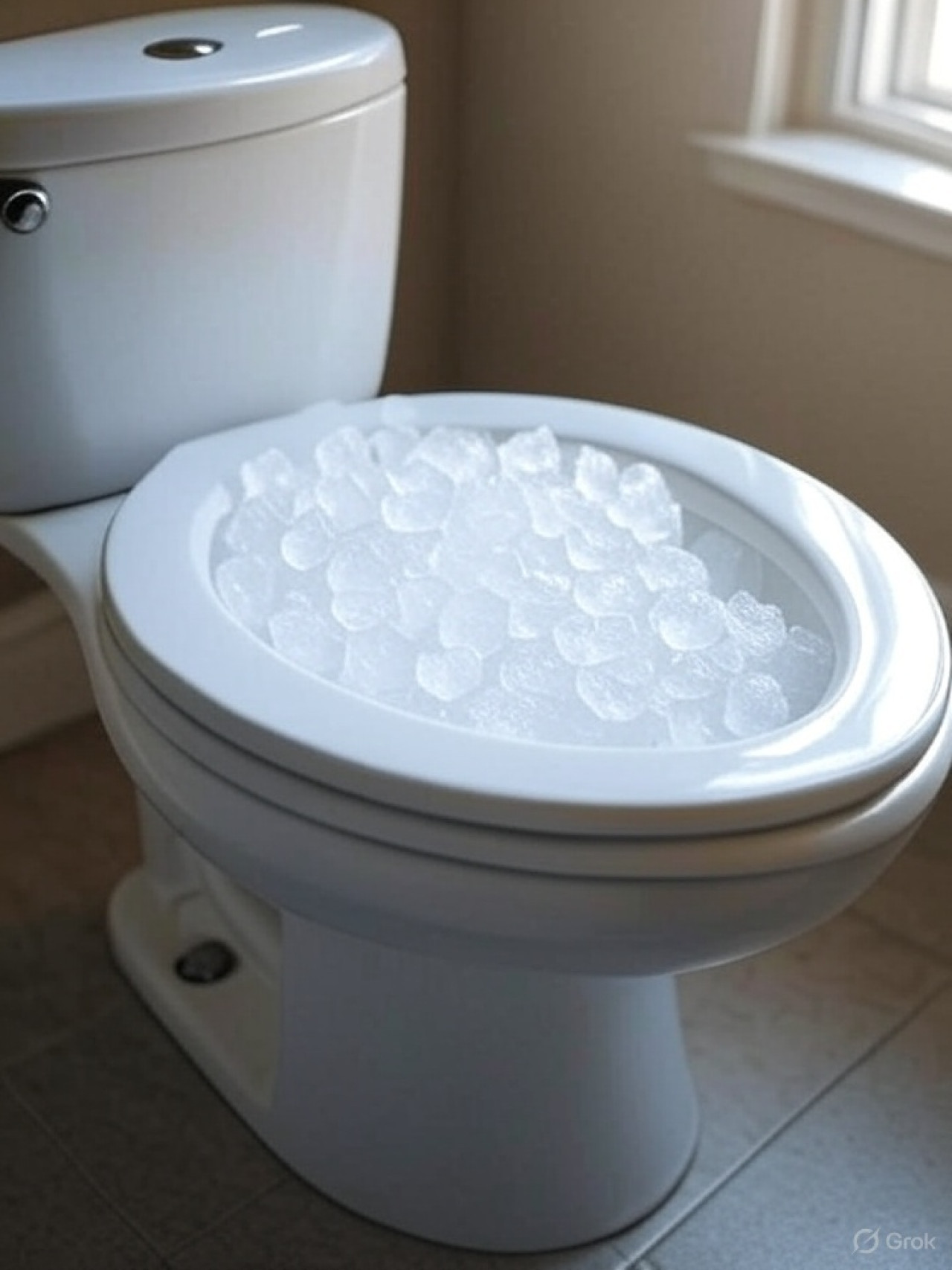 Inodoro lleno de cubos de hielo para una limpieza distinta. Foto: Grok.