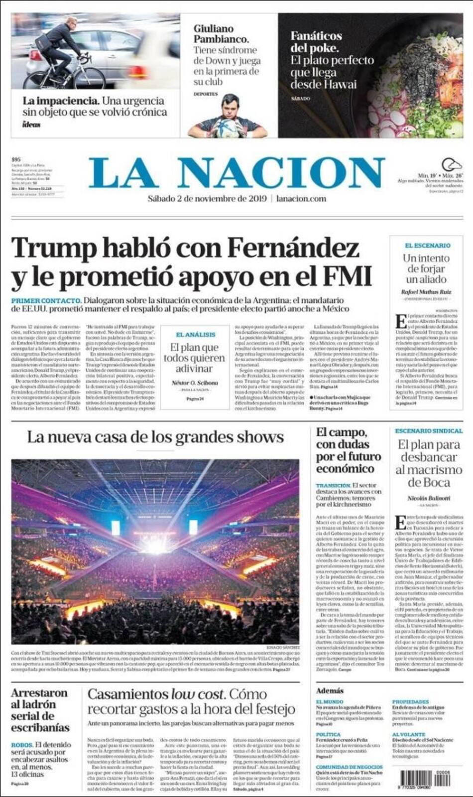 Tapas de diarios, La Nación, sábado 02-11-19